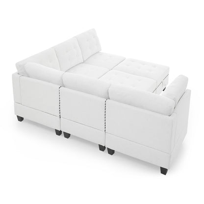 L shape Modular Sectional Sofa includes 2 Ottomans, Ivory Chenille