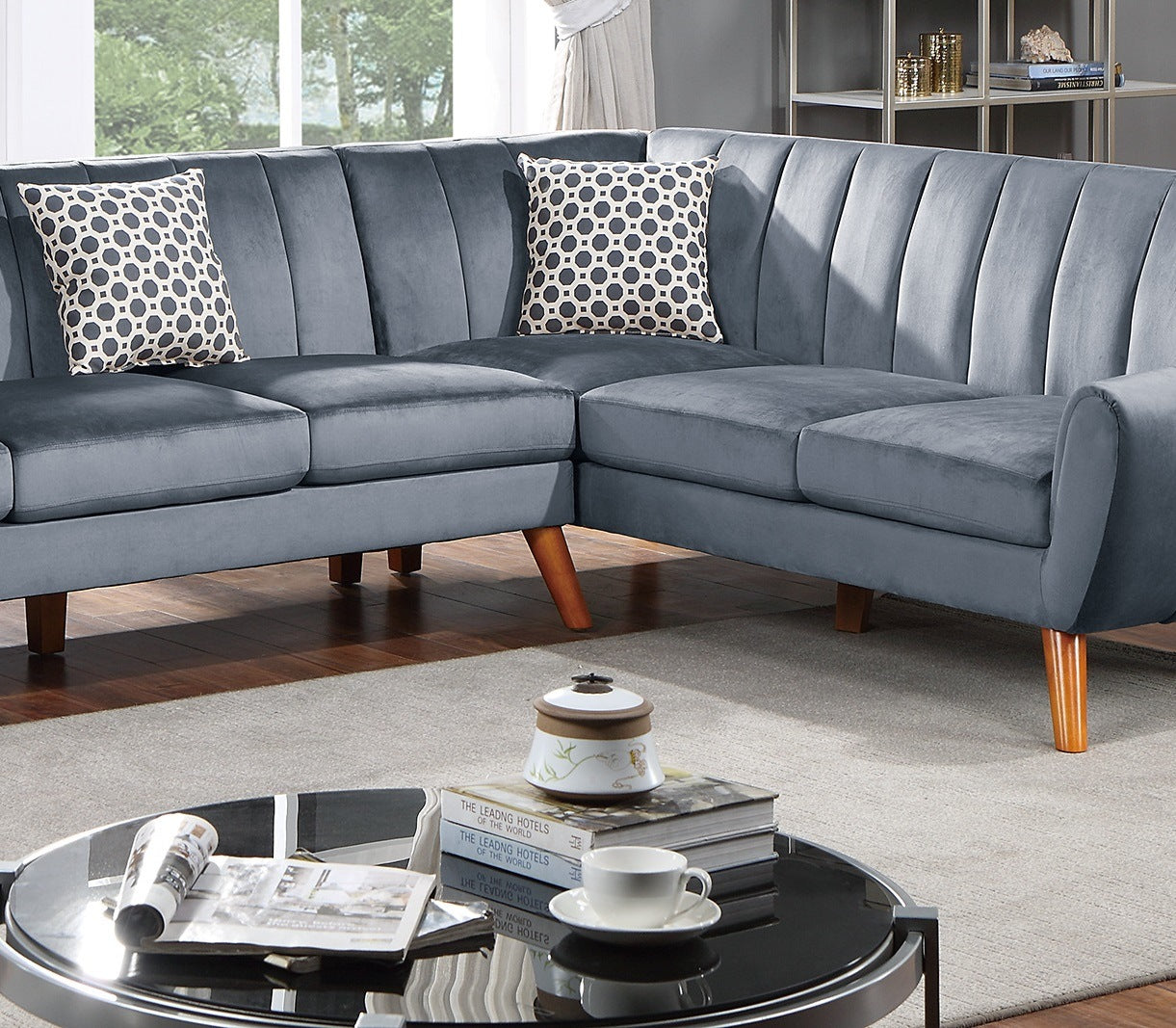 contemporary 2-pcs sectional set living room furniture dark gray velvet couch left facing sofa, right facing loveseat wedge plush cushion