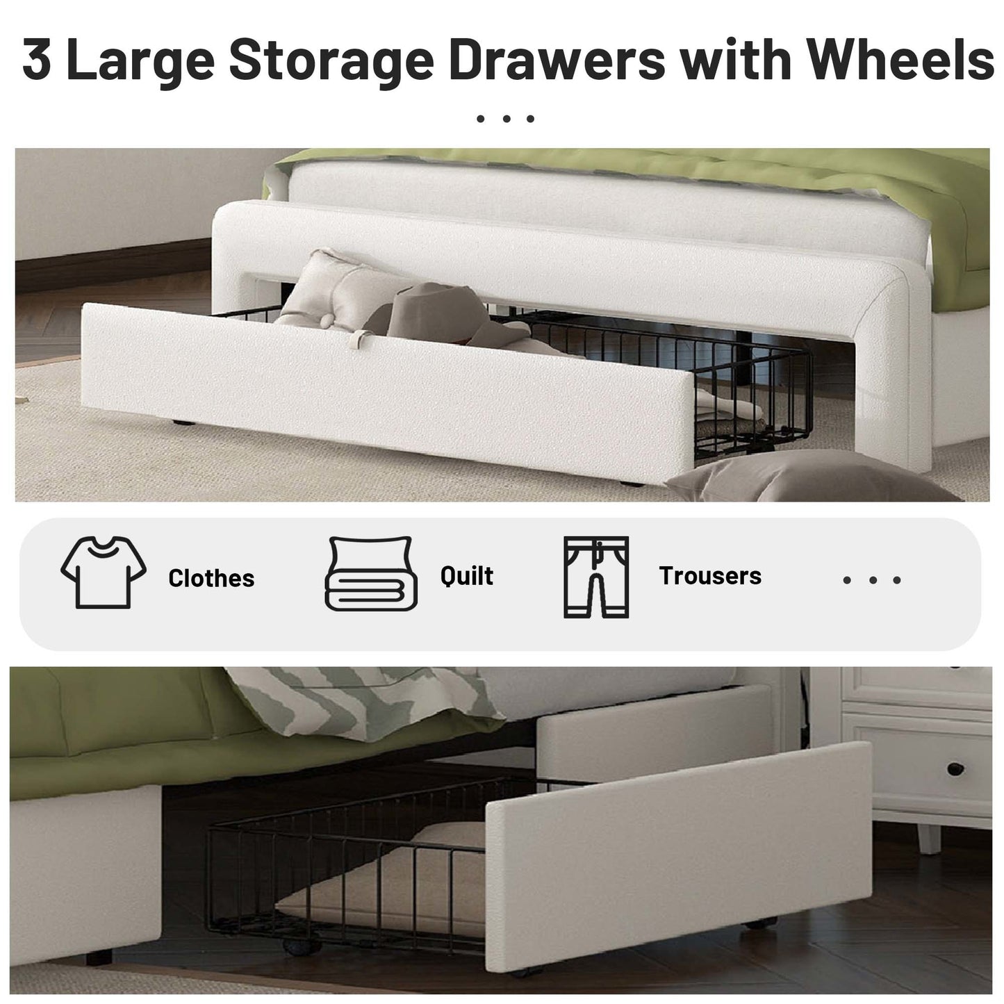 leather upholstered platform bed with drawer storage & charging station, white