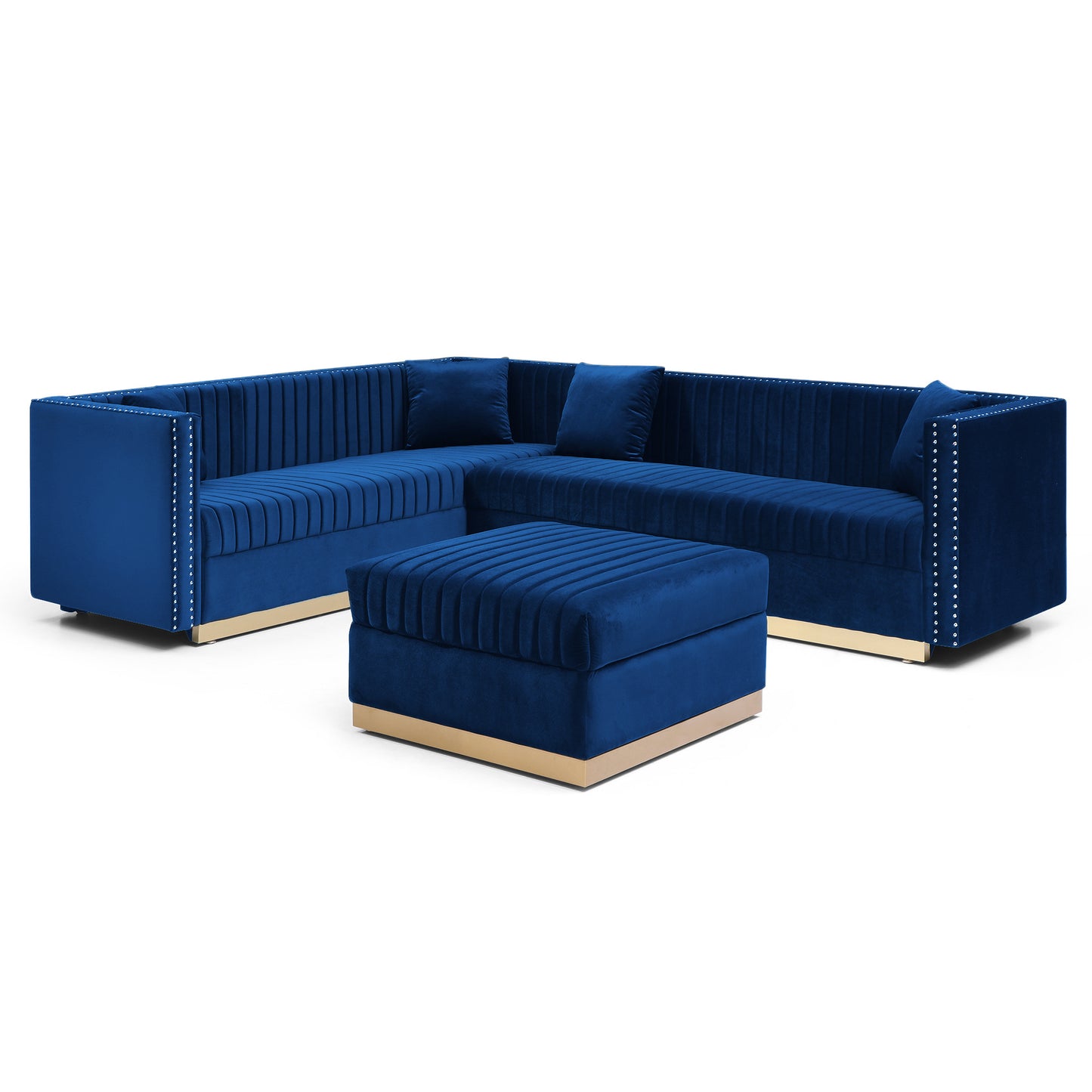 contemporary vertical channel tufted velvet sectional sofa modern upholstered corner couch for living room apartment with ottoman and 4 pillows,blue