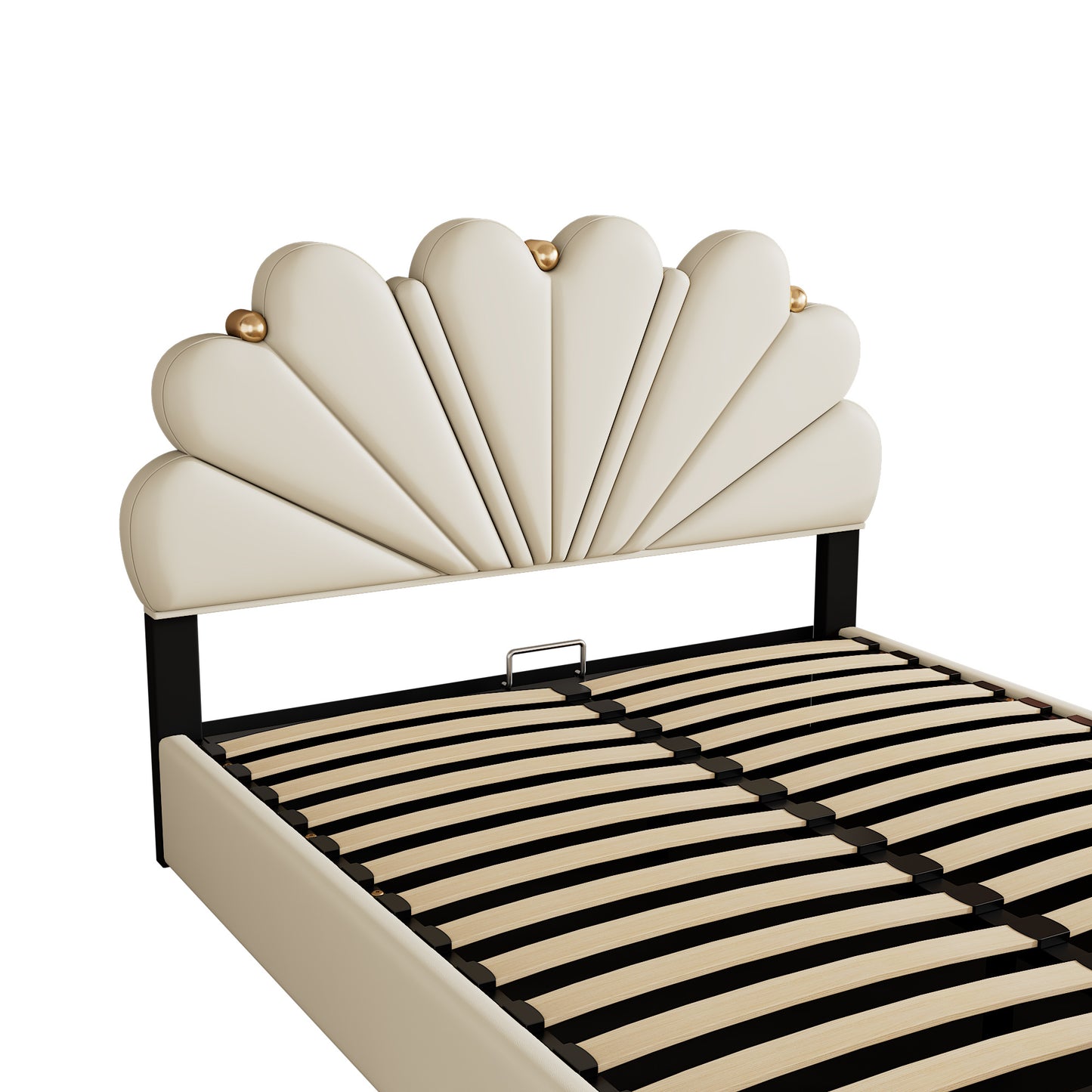upholstered petal shaped platform bed with hydraulic storage system, pu storage bed, beige