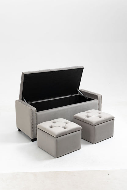 Set of 3 47.5" Wide Upholstered Storage Ottoman with Tufted Top and Solid Wood Legs Gray