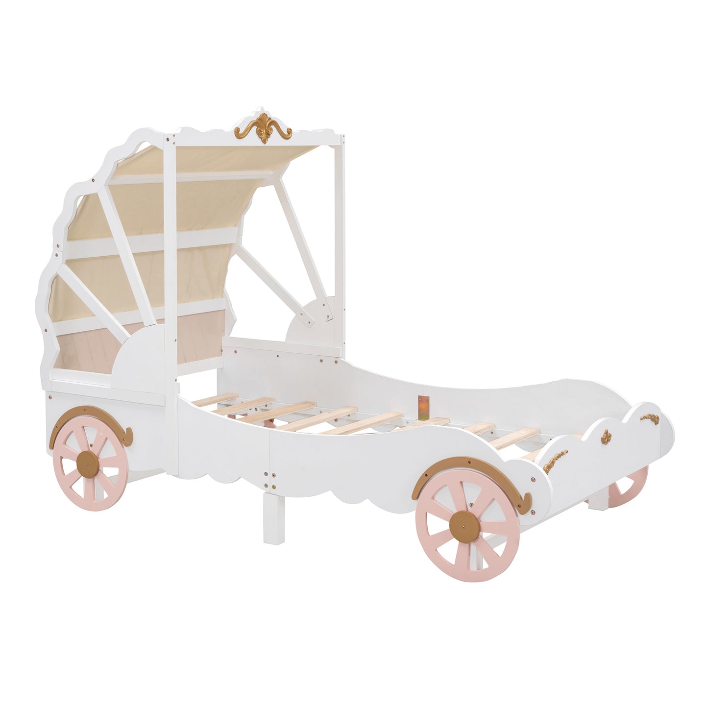 princess carriage bed with canopy, white+pink+gold