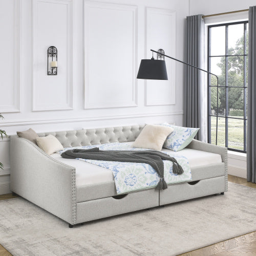 morgan queen size daybed with drawers upholstered tufted sofa bed, beige