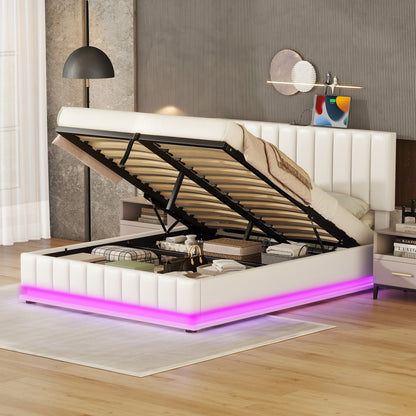Upholstered Bed with Hydraulic Storage System and LED Light, Sockets, and USB Ports, White