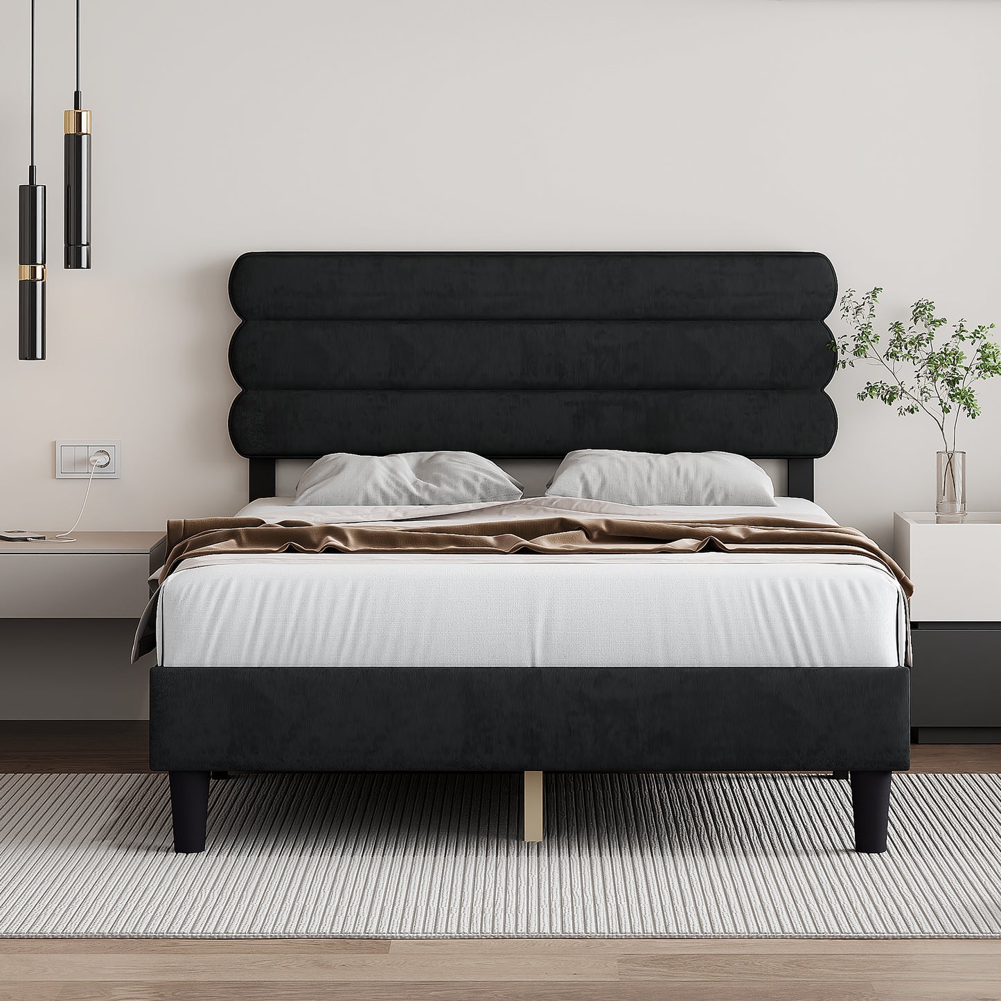 rudy queen bed frame with headboard, dark grey