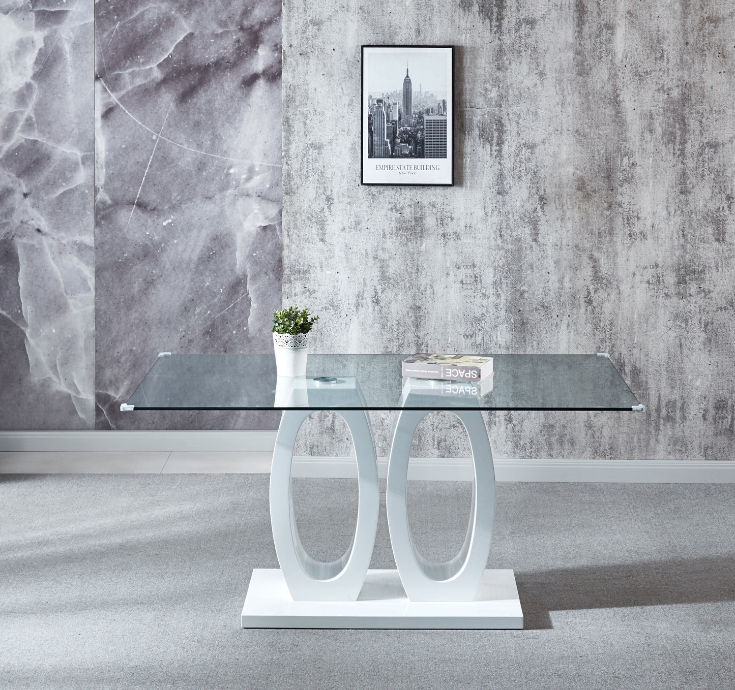 double pedestal dining table- tempered glass, white