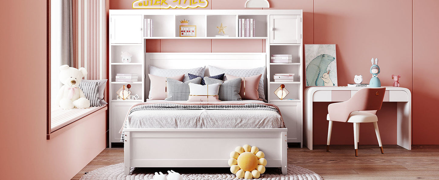 wooden bed with all-in-one cabinet and shelf