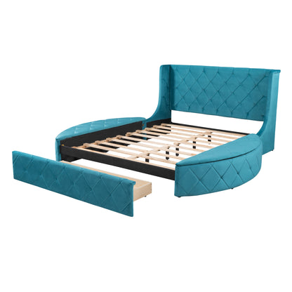 Upholstered Velvet Platform Bed with Wingback Headboard and 1 Big Drawer; 2 Side Storage Stool