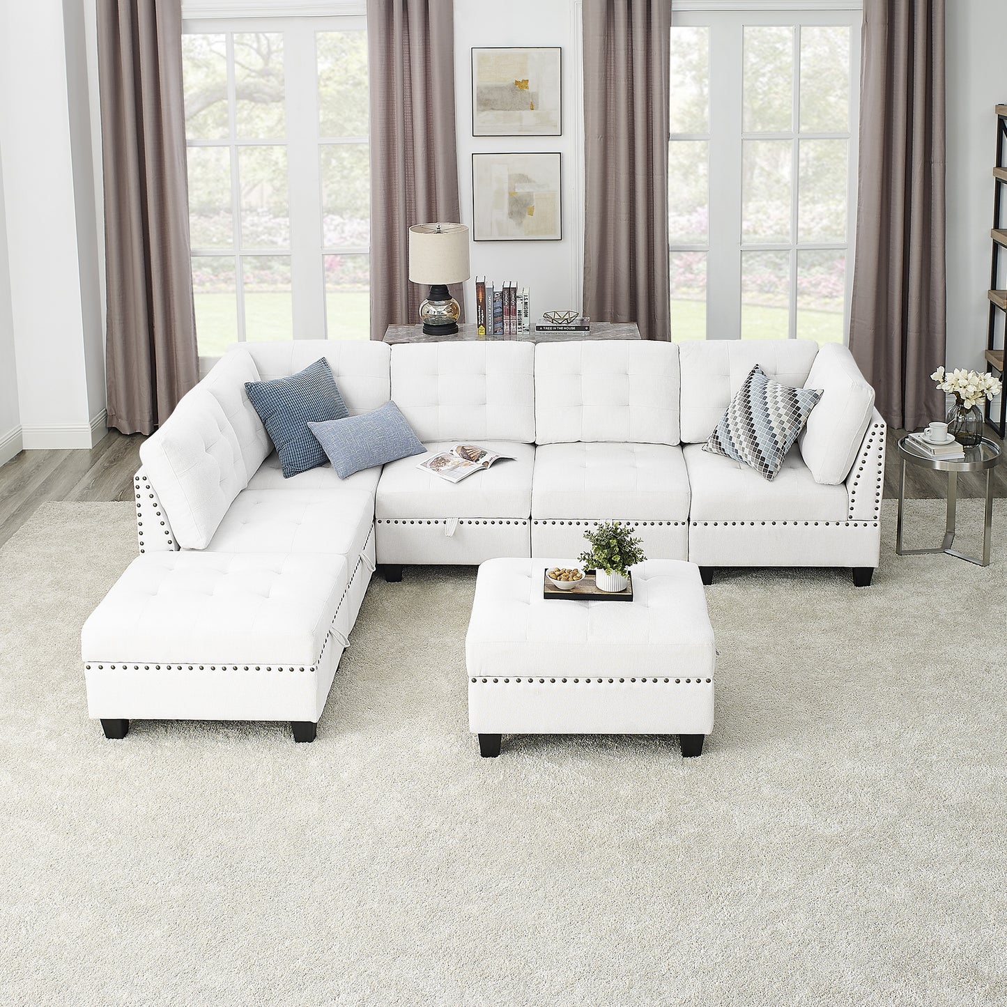 l shape modular sectional sofa includes 2 ottomans, ivory chenille
