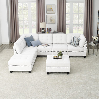 L shape Modular Sectional Sofa includes 2 Ottomans, Ivory Chenille