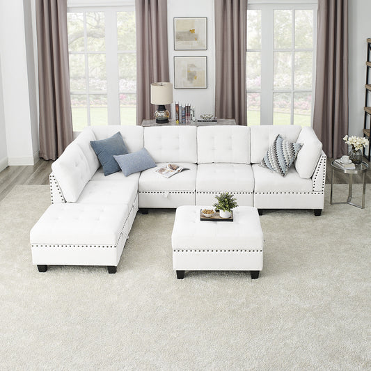 L shape Modular Sectional Sofa includes 2 Ottomans, Ivory Chenille