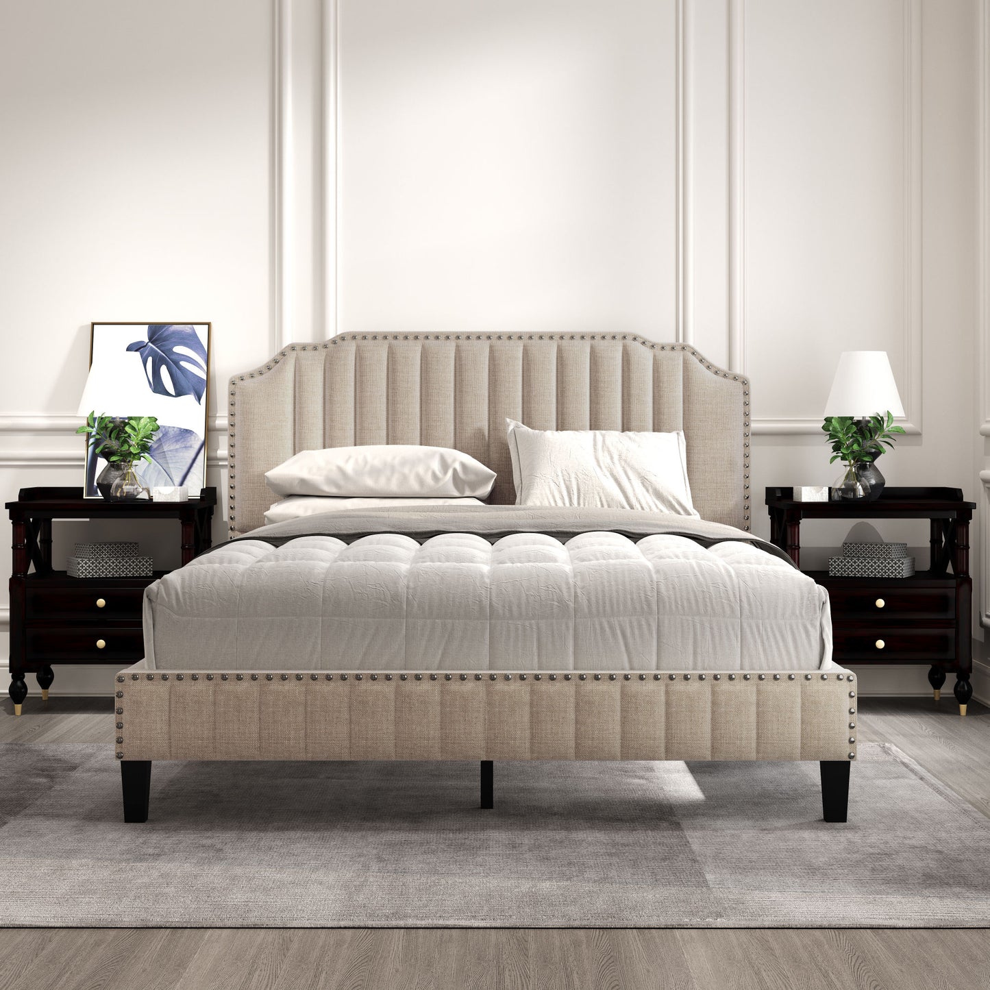 3 pieces bedroom set modern linen curved upholstered beige platform queen bed with two black cherry nightstands