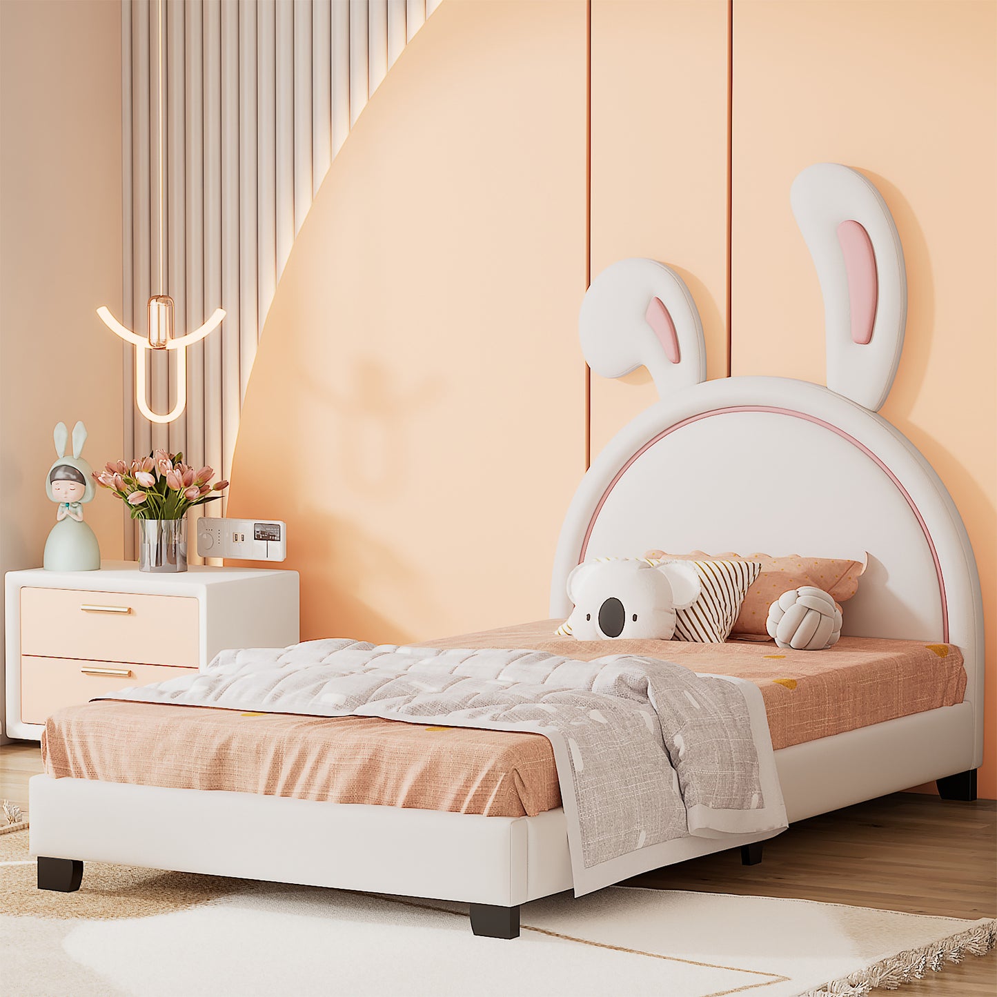 twin size upholstered leather platform bed with rabbit ornament, white