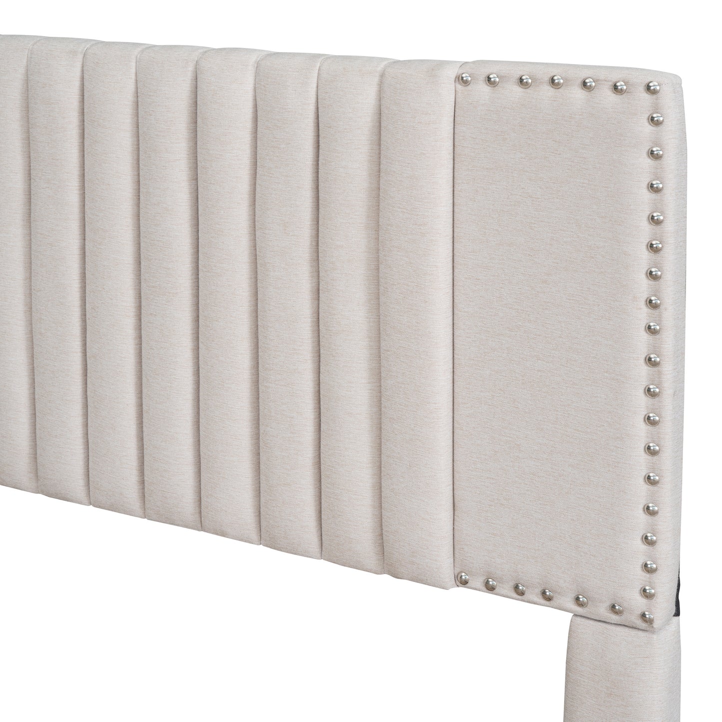 queen size upholstered platform bed with 2 drawers and 1 twin xl trundle, beige