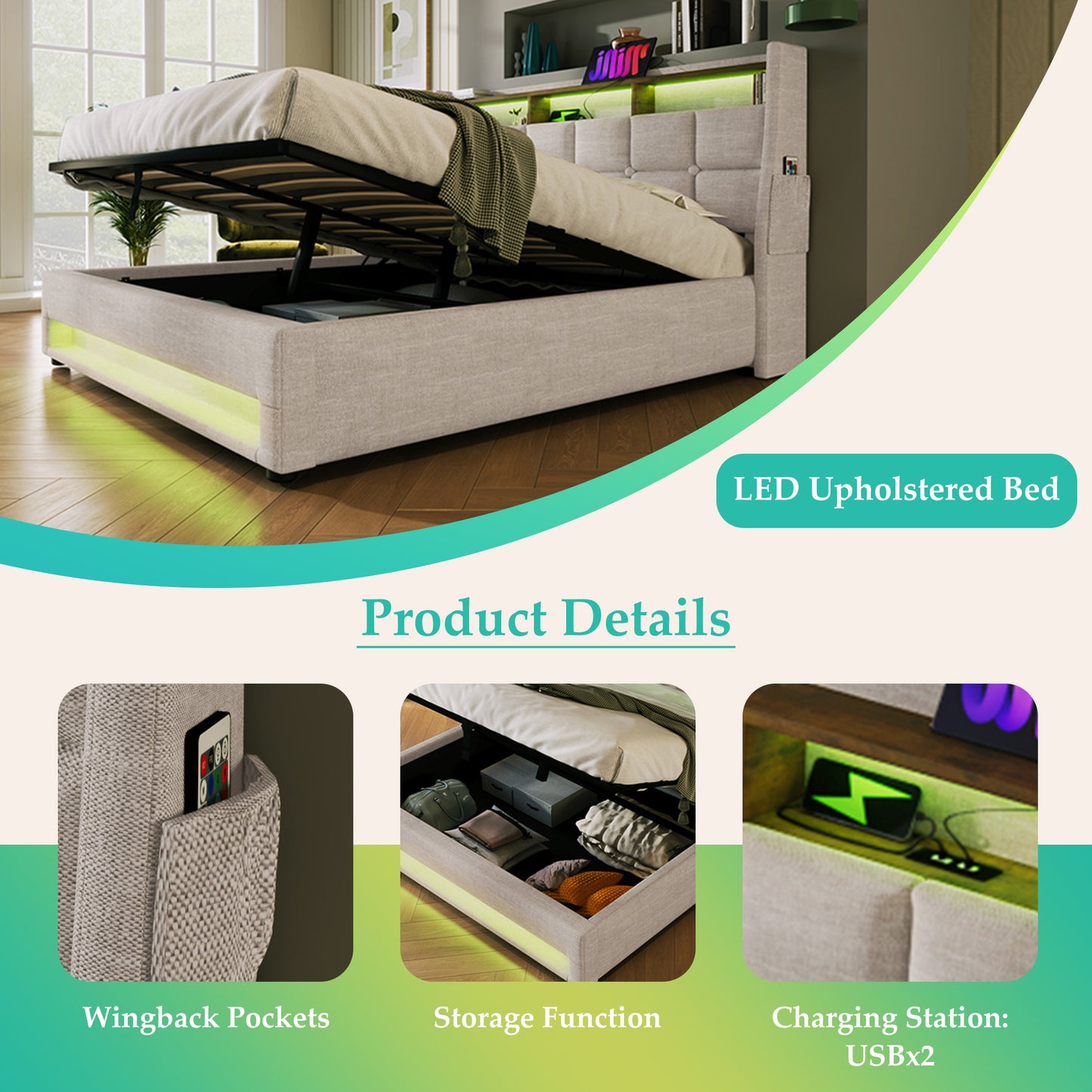 jody upholstered platform bed with a hydraulic storage system, led and usb charging,
