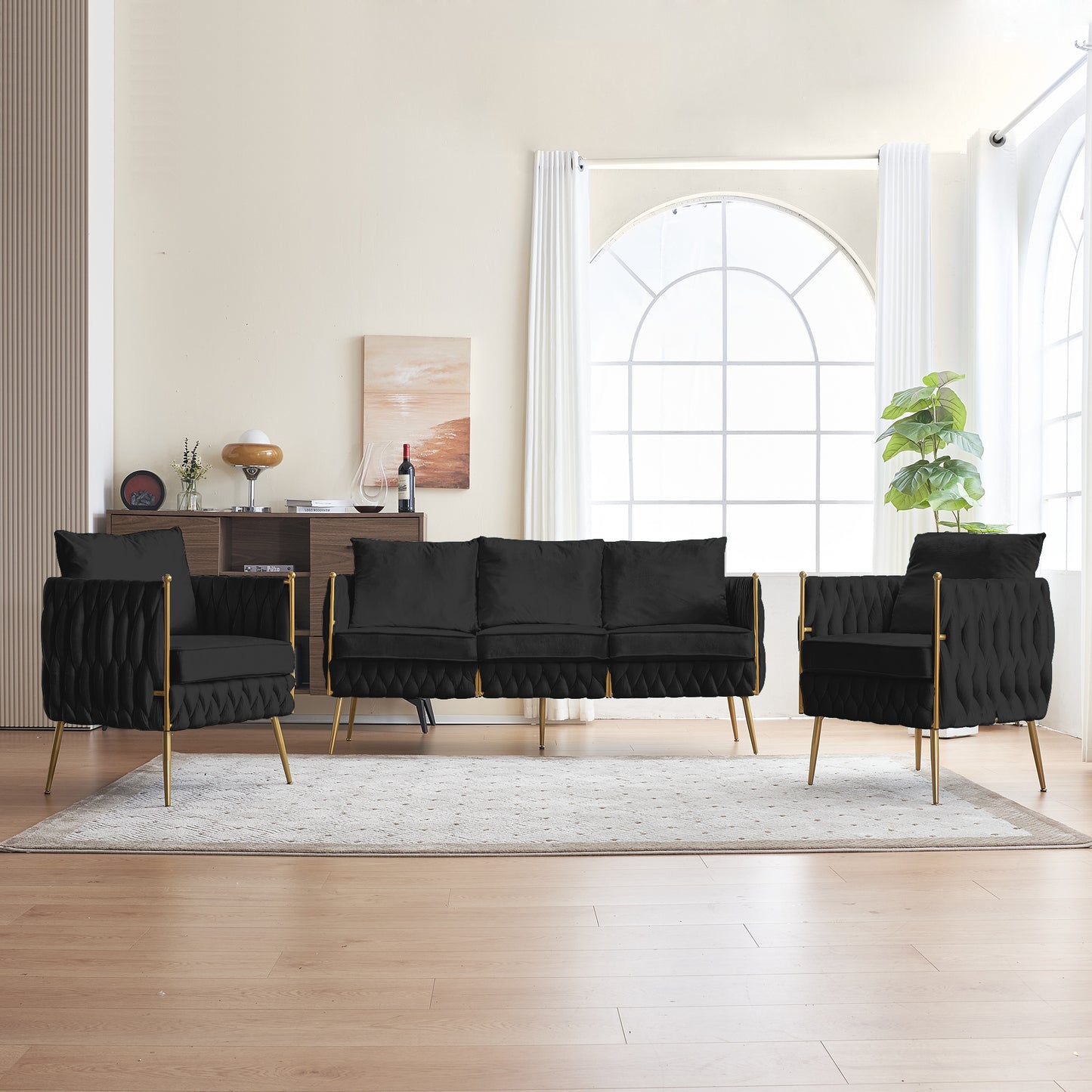 fiona fluffy tufted upholstered sofa set, black velvet