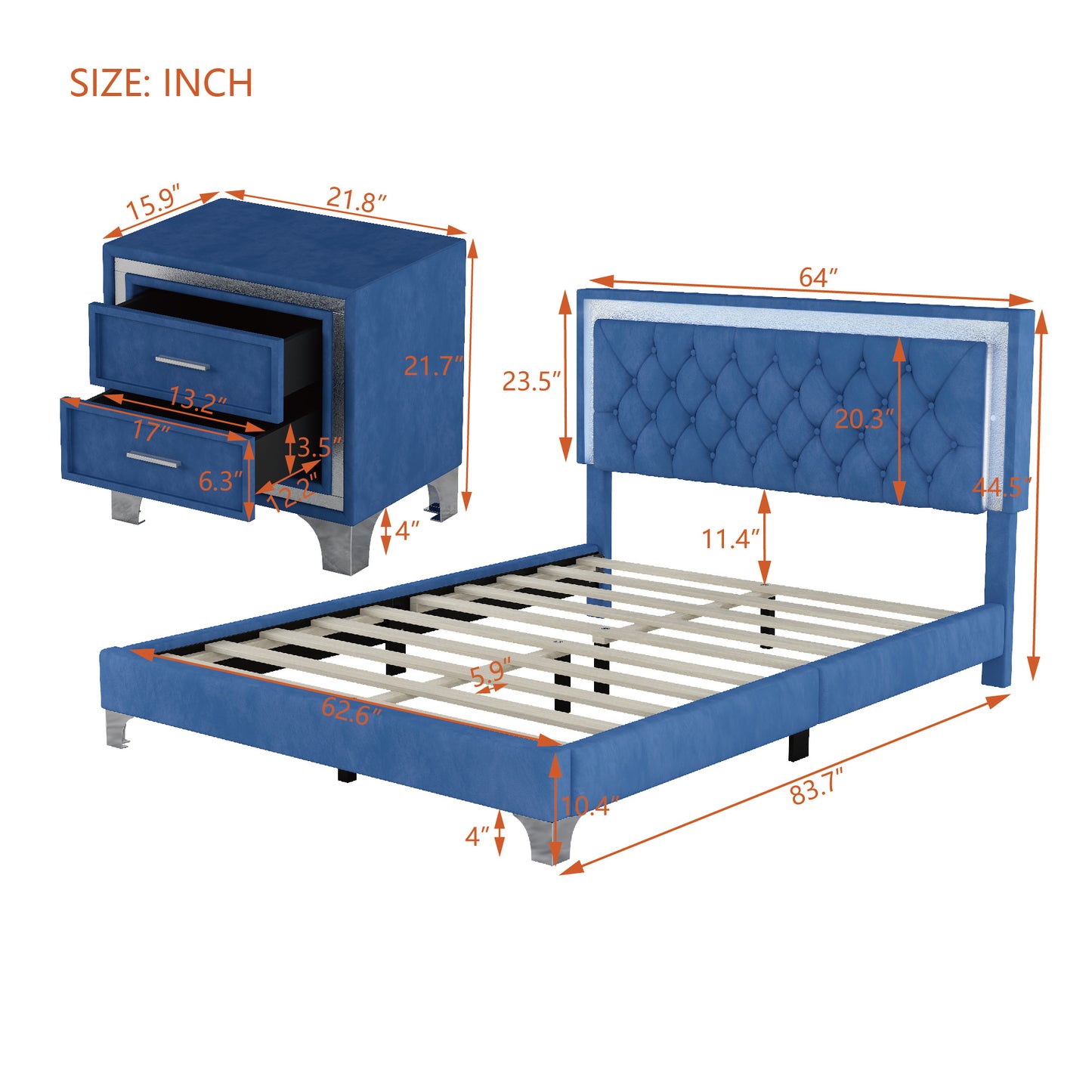 3-pieces upholstered platform bed with led lights and two nightstands-blue