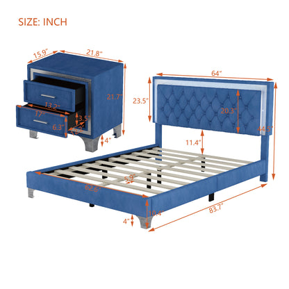 3-Pieces Upholstered Platform Bed with LED Lights and Two Nightstands-Blue