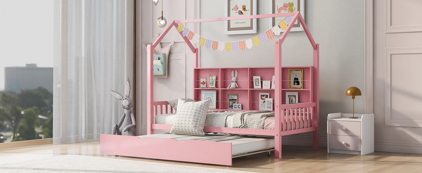 wooden house bed with trundle, pink