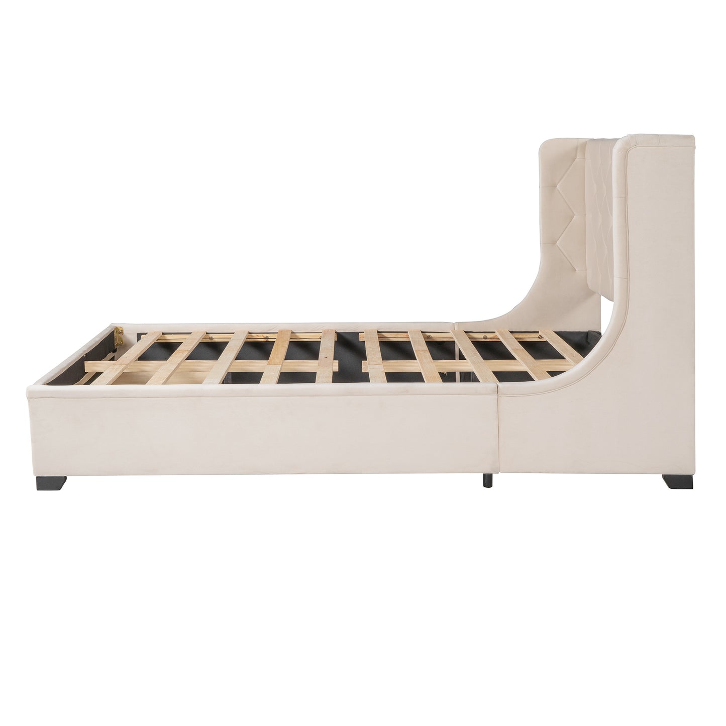 modern velvet upholstered platform bed with wingback headboard and a big drawer