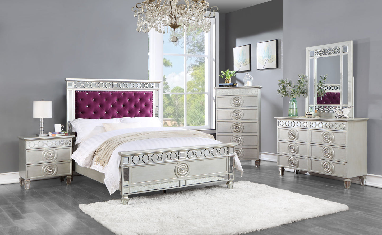 acme varian burgundy velvet, silver & mirrored bed