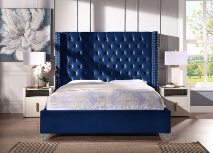 Velvet Upholstered Bed with Deep Button Tufting, Blue