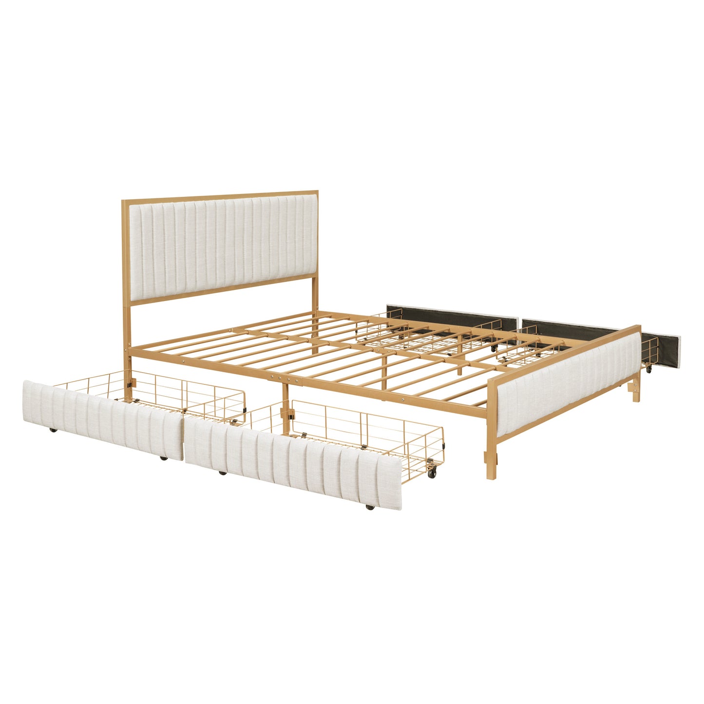 queen size metal frame upholstered bed with 4 drawers, linen fabric, beige