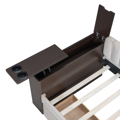 Upholstered Multi-functional Daybed with Cup Holder and a set of USB Ports and Sockets, Beige