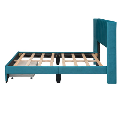 Danny Velvet Upholstered Platform Bed with a Big Drawer - Blue