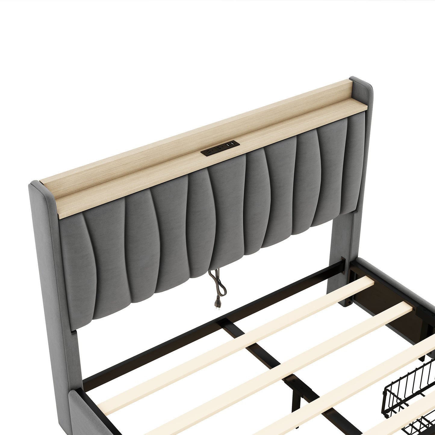 queen size bed frame with storage headboard and charging station,dark gray