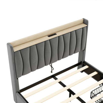 Queen Size Bed Frame with Storage Headboard and Charging Station,Dark Gray