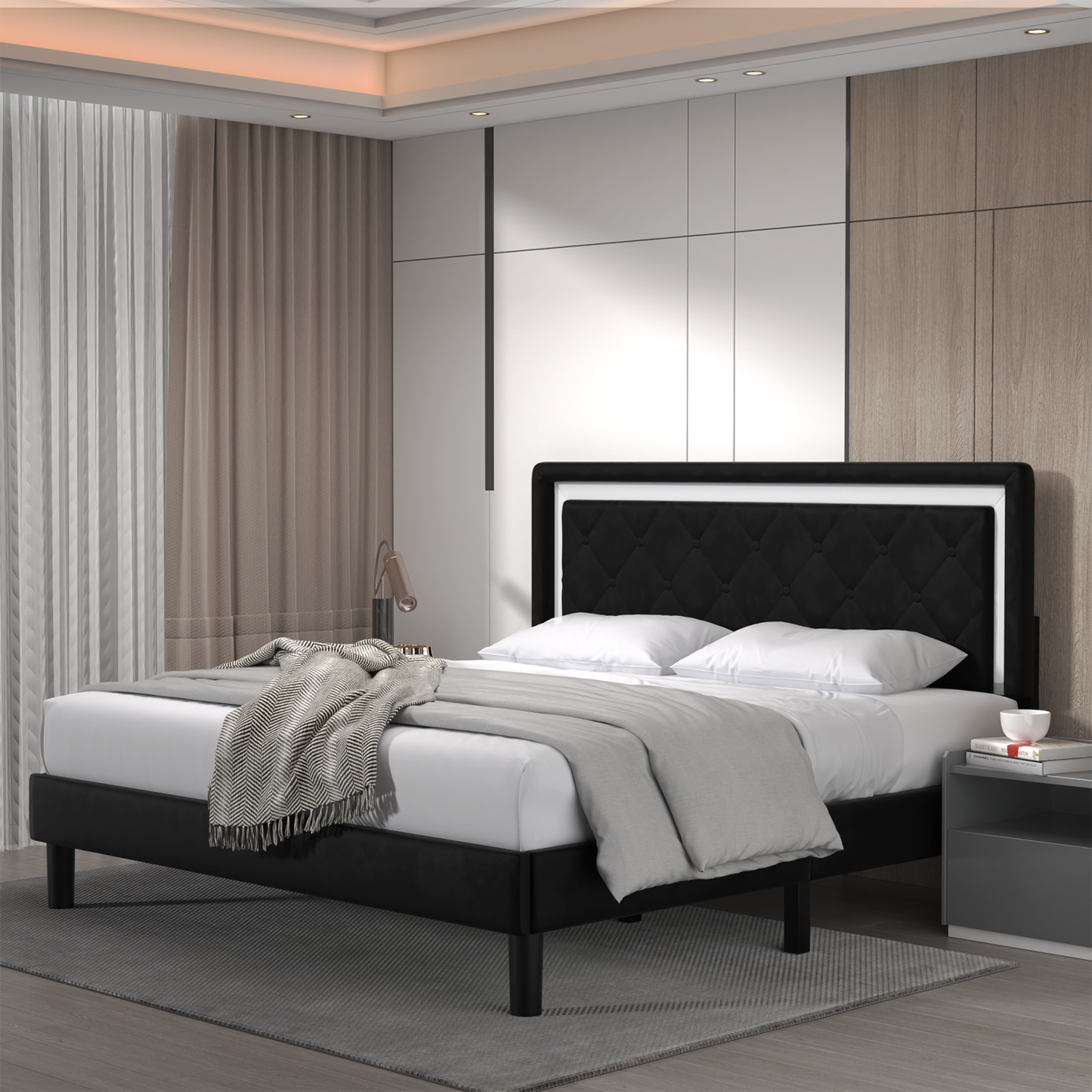 moxy bed with upholstered headboard, black