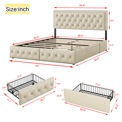 Upholstered Leather LED Headboard Bed Frame with 4 Storage Drawers, Beige