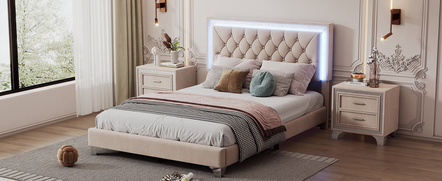 upholstered bed frame with led lights, beige
