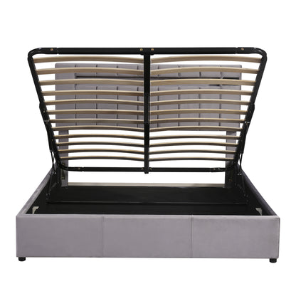 Velvet Upholstered Hydraulic Storage Bed with LED light, Bluetooth Player, and USB Charging