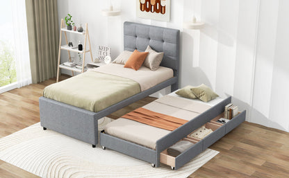 Upholstered Platform Bed with Pull-out Twin Size Trundle and 3 Drawers, Gray