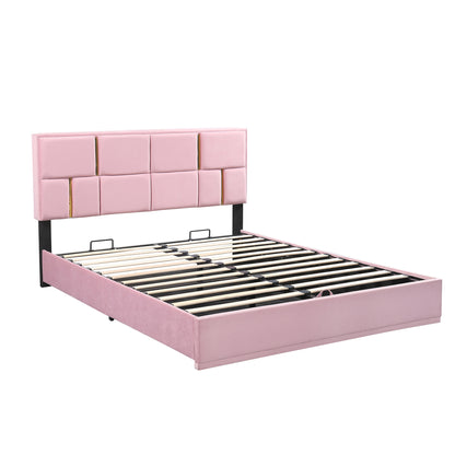 Upholstered Platform Bed with Hydraulic Storage System, Pink