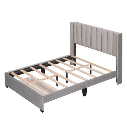 Danny Velvet Upholstered Platform Bed with a Big Drawer - Gray