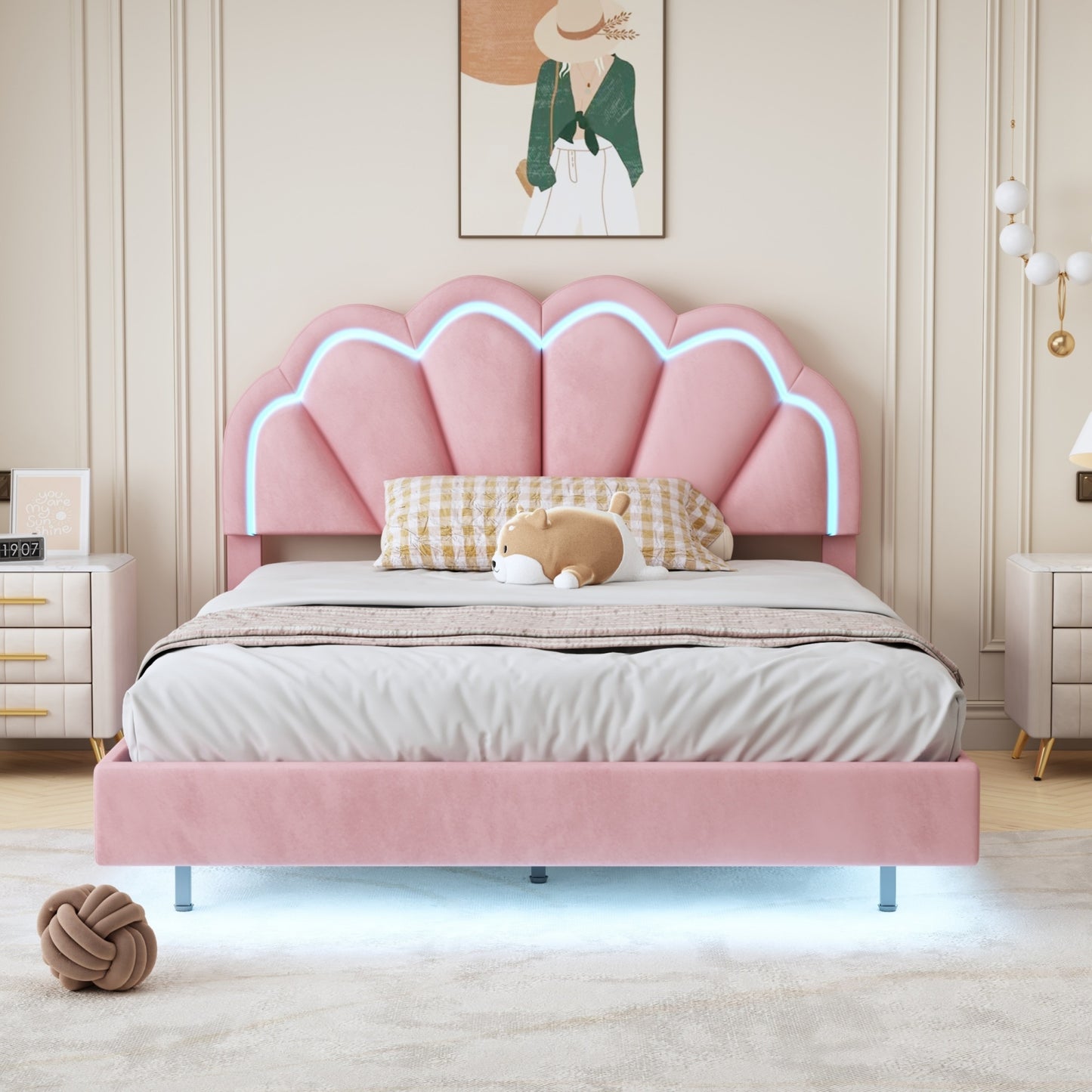smart led bed frame with elegant flowers headboard