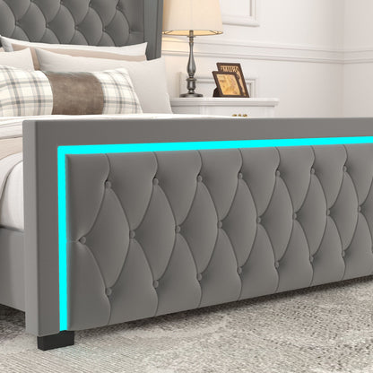 Velvet Upholstered Bed with Adjustable Colorful LED Light Decorative Headboard