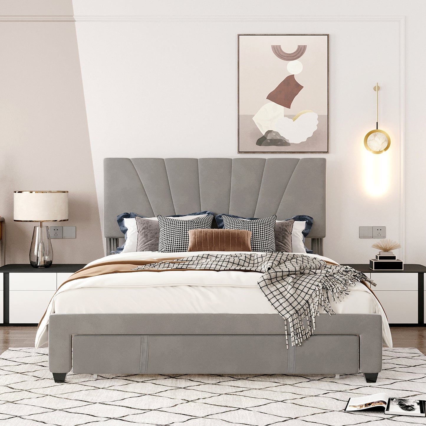 queen size storage bed velvet upholstered platform bed with a big drawer