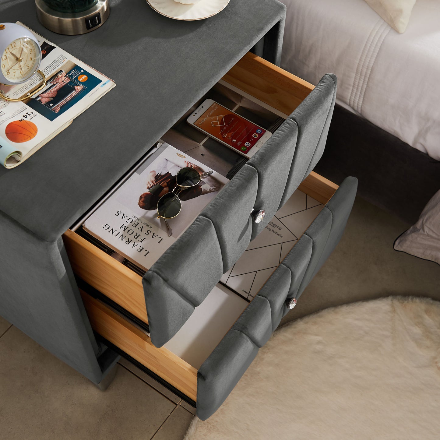 b108 queen bed with two nightstands, + metal legs with electroplate