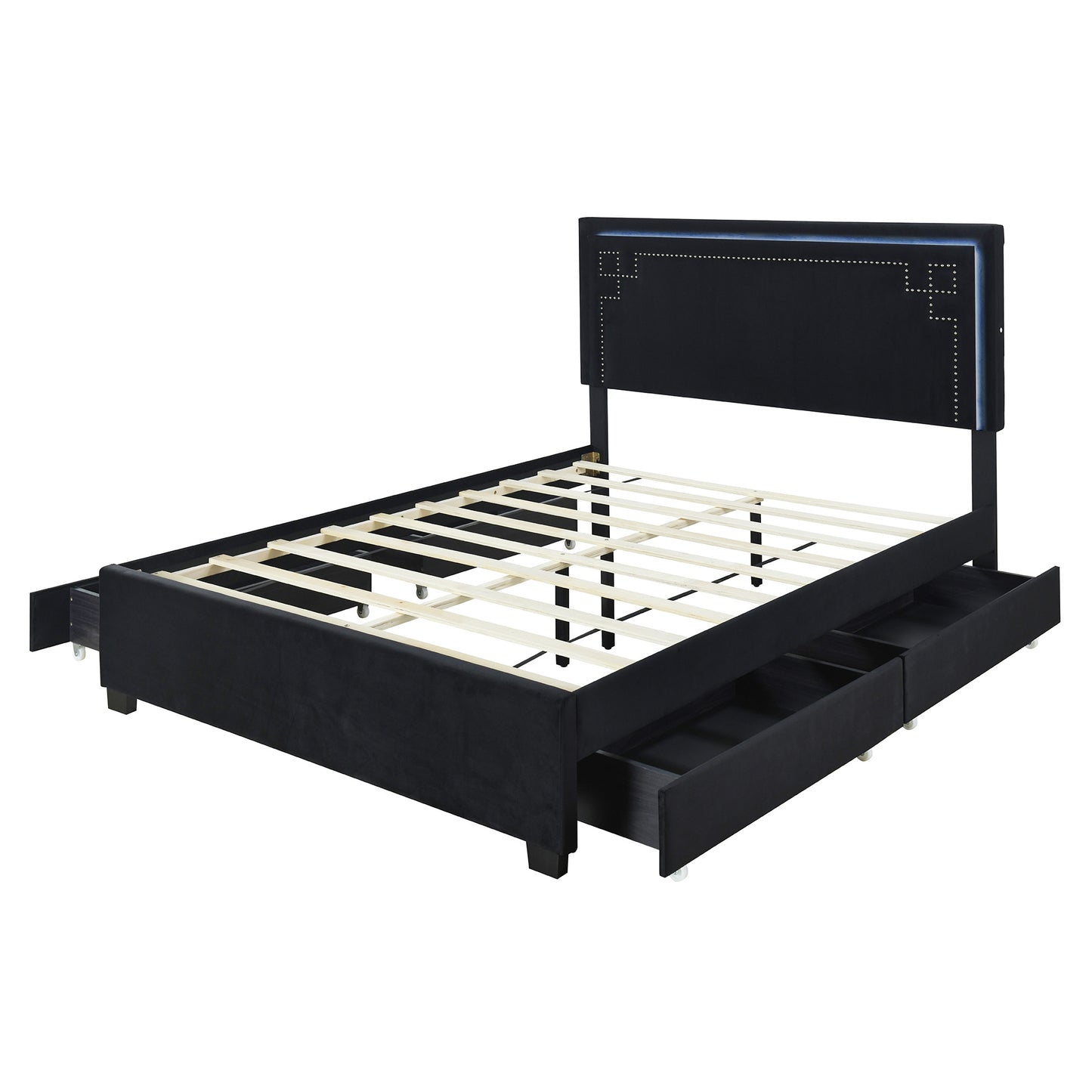upholstered platform bed with rivet-decorated headboard, led bed frame and 4 drawers, black