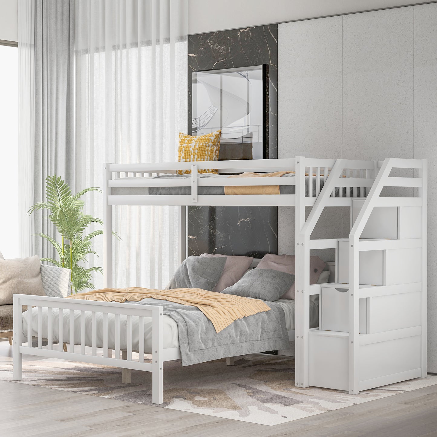 twin over full loft bed with staircase,gray
