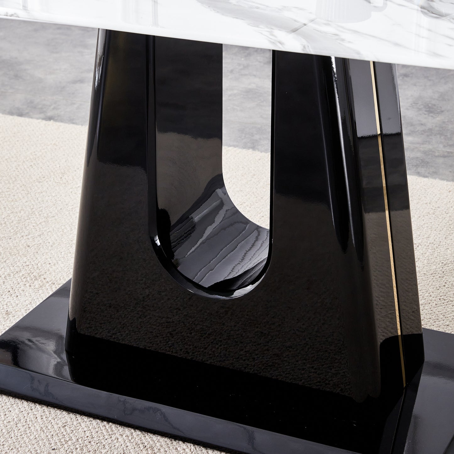 a modern, minimalist, and luxurious dining table with a white imitation marble tabletop and mdf legs with u-shaped brackets. tables in restaurants and living rooms 63"*35.4"*30 f-u