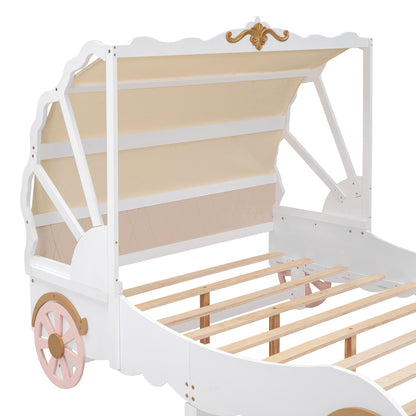 Princess Carriage Bed with Canopy, White+Pink+Gold