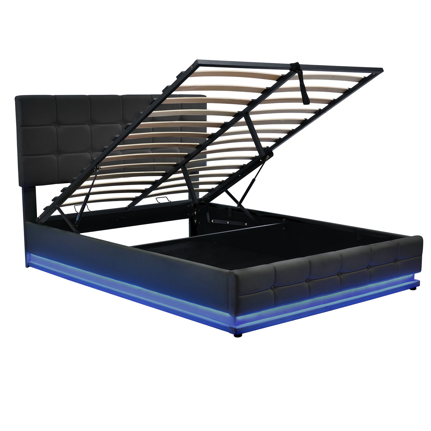 tufted upholstered platform bed with hydraulic storage system, led lights, and usb charger, black
