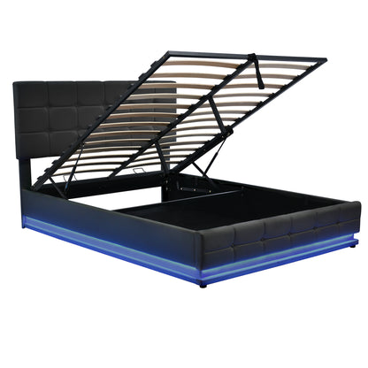 Tufted Upholstered Platform Bed with Hydraulic Storage System, LED Lights, and USB charger, Black