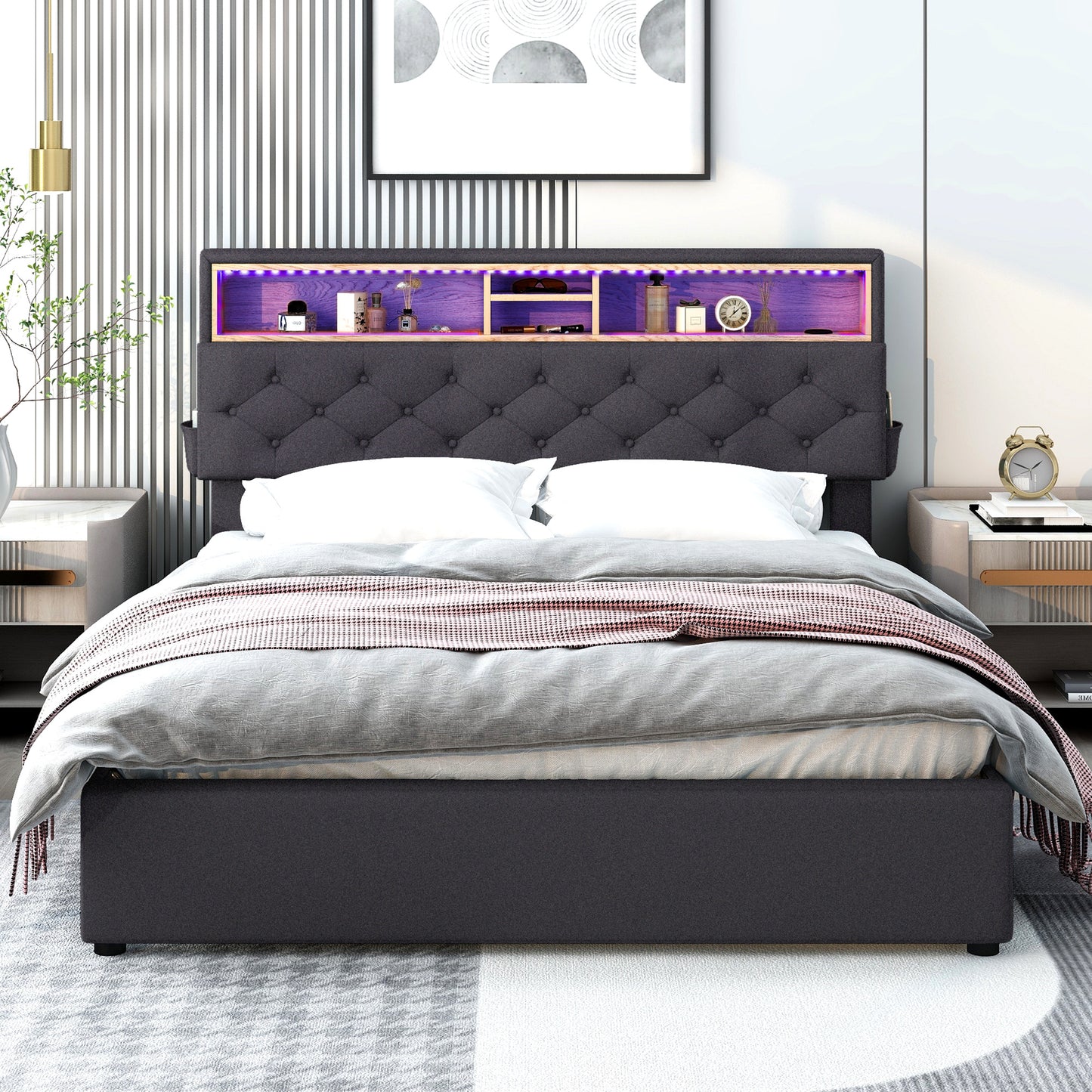 upholstered platform bed with storage headboard, led, usb charging and 2 drawers